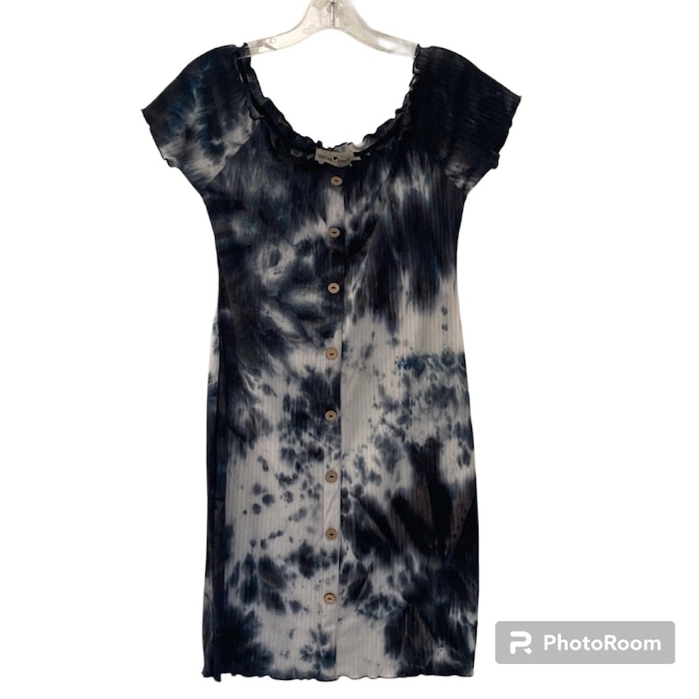 derek heart Shades Of Blue & White Tie Dye Dress With Wooden Buttons Siz…